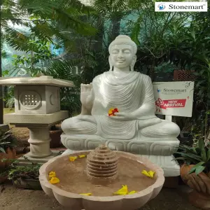 Sold To Bangalore, Karnataka 4 Feet, 500 Kg Abhaya Mudra Buddha Statue With Stone Fountain And Japanese Lantern