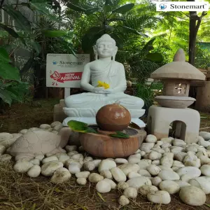 Sold To Thiruvarur, Tamil Nadu 2 Feet Meditating Marble Buddha Statue With Pedestal, Japanese Lantern, Turtle, Sandstone Fountain