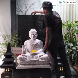 Sold To Visakhapatnam, Andhra Pradesh 5 Feet Granite Waterfall With 3 Feet Marble Buddha Sculpture And Granite Pagoda Lamp