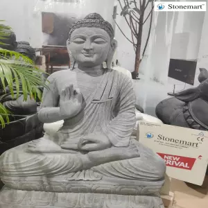 Sold To Mukerian, Punjab 3 Feet Grey Marble Buddha Statue In Vitarka Mudra