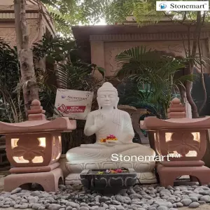 3 Feet Vitarka Mudra Marble Buddha Idol With Stone Lanterns And Uli Fountain For Garden Decor