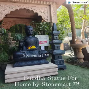 Available Black Stone Abhaya Mudra Buddha Idol With Stone Pedestal And Granite Pagoda Lantern