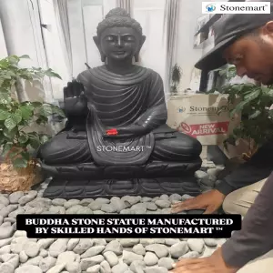 Available - Luxury Hand-Carved Black Marble Sitting Buddha Statue In Abhaya Mudra