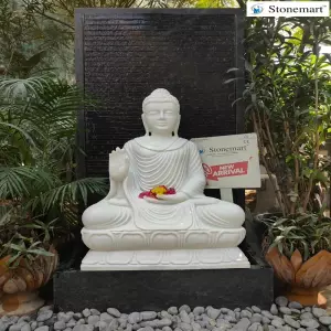 Sold To Coimbatore, Tamil Nadu 3 Feet White Marble Abhaya Mudra Buddha Statue On 5 Feet Granite Waterfall, Weight Approx. 700 Kg