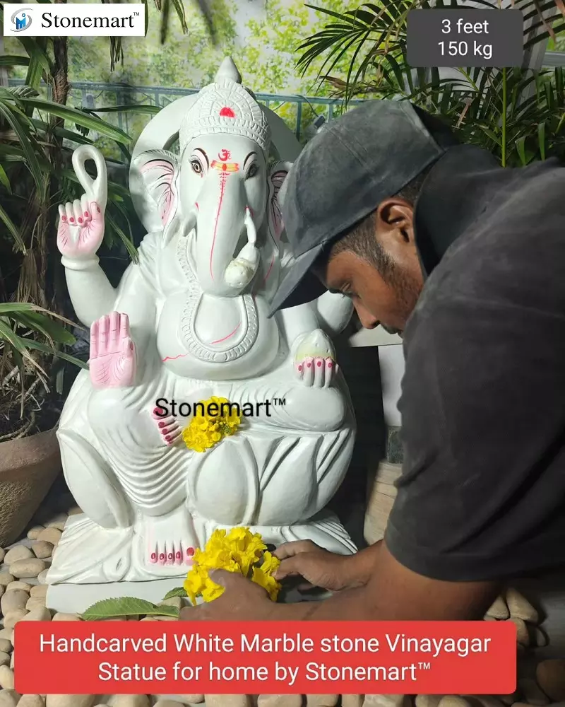 3 Feet 150 Kg White Marble Stone Vinayagar Statue For Home Temple stonemartindia